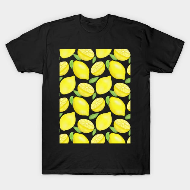 Sicilian Lemons pattern on black T-Shirt by Juliana Costa